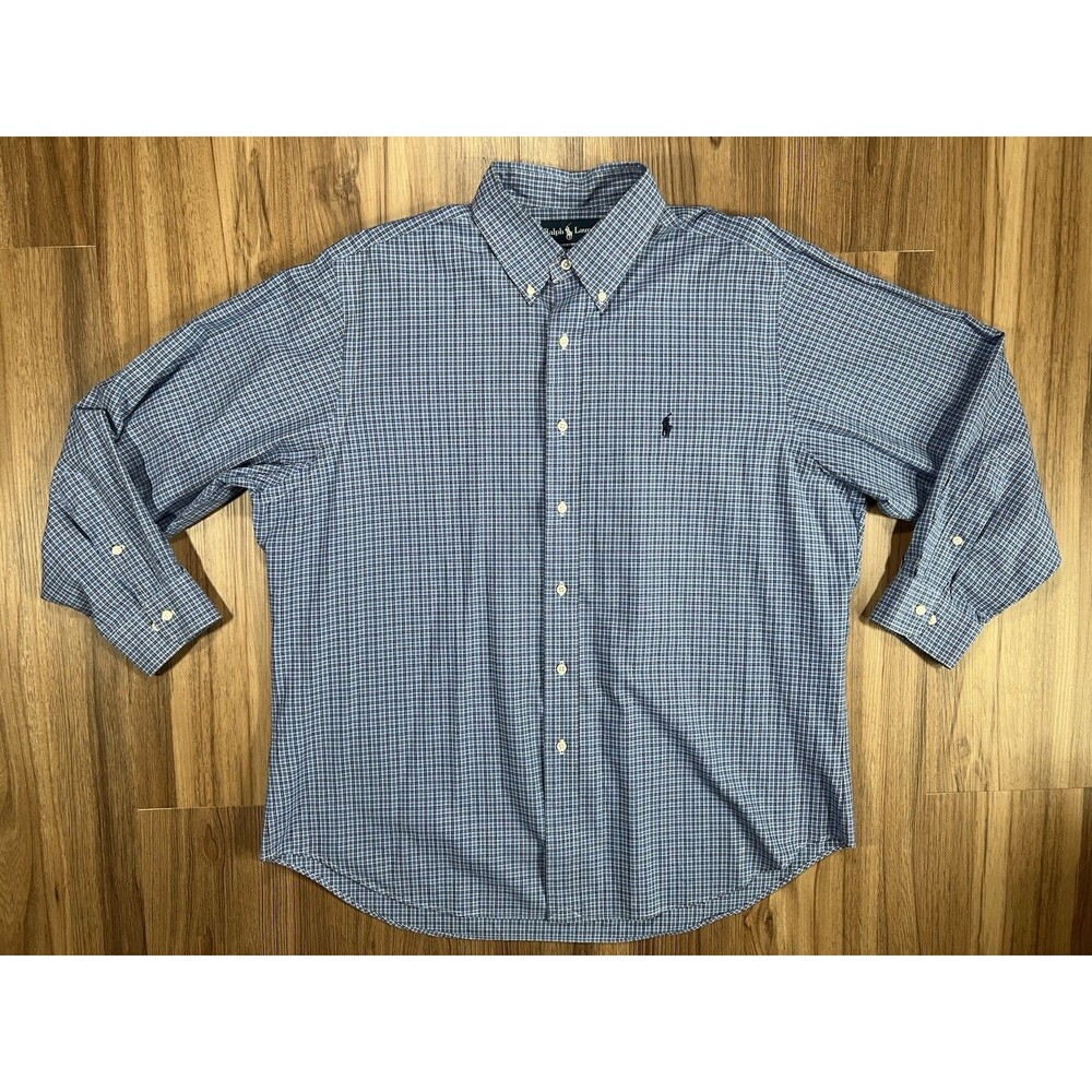 Ralph Lauren Blue Plaid Shirt Men 17 32/33 Classic Fit Long Sleeve Pony